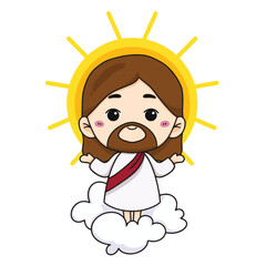 The Ascension of Jesus Christ cute cartoon. vector illustration of jesus christ on the clouds, Christian Bible for kids. Mascot logo icon vector art illustration, isolated on white background