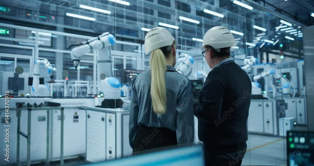 Aufkleber Engineer and Technician Standing with Their Back to Camera, Having a Discussion and Using a Laptop Computer. Industrial Specialists Analyzing Conditions at an Electronics Factory with an Assembly Line
