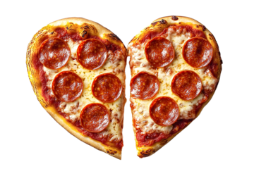 Heart shaped pepperoni pizza with melted cheese and crispy crust, isolated on white transparent background, perfect for love or romantic themes