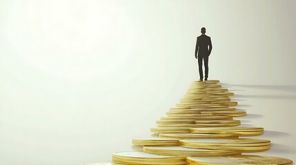 A figure ascends a golden coin staircase