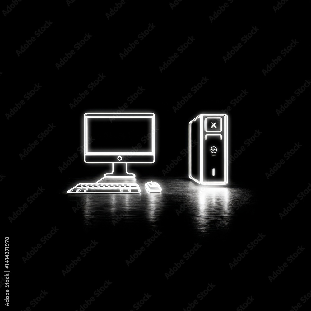 Aufkleber Glowing Outline of a Computer on a Dark Surface: Minimalist Tech Art with Desk Reflection & Modern Vibe 