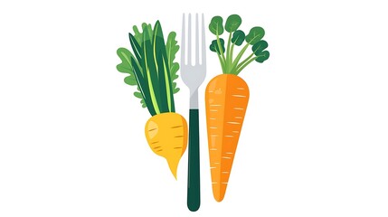 Healthy eating, fresh vegetables, and a fork.  A colorful illustration showcasing nutritious carrots, turnips, and leafy greens, all ready to be enjoyed