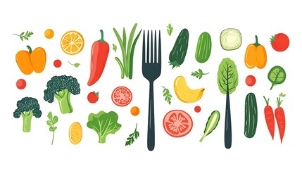 Fresh, colorful vegetables and a fork.  A healthy eating illustration with various colorful sliced and whole vegetables including peppers, broccoli, tomatoes, cucumbers, onions, and citrus