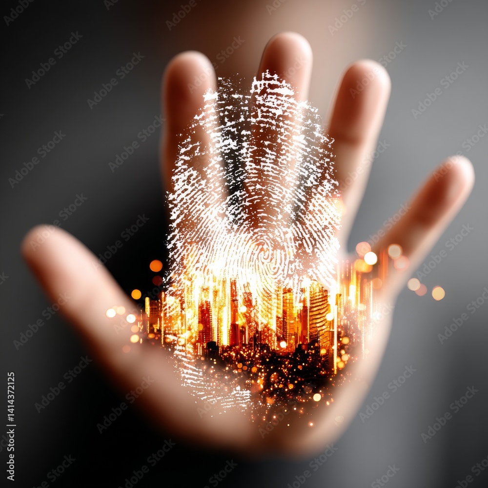 Aufkleber human identity and future city: a digital fingerprint merging with an urban cityscape, symbolizing s
