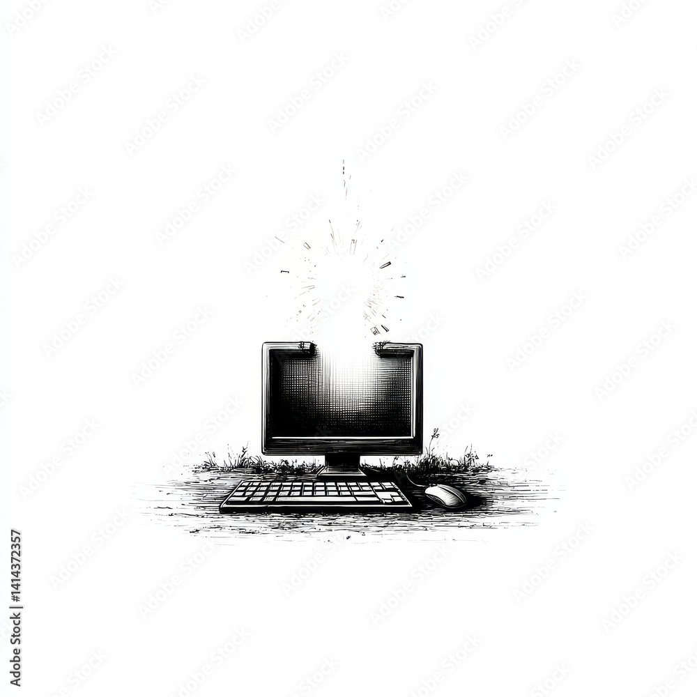 Fototapete outdated technology: sketch of a computer with a bright light emanating, surrounded by nature