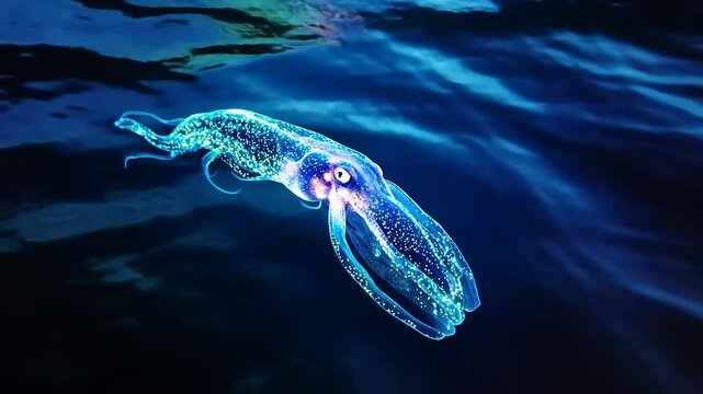 Bioluminescent squid swims underwater in dark ocean depths