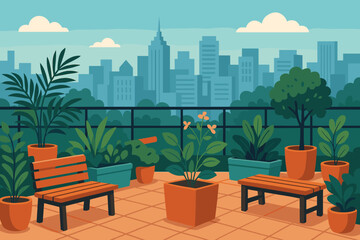 Naklejka premium Flat green living scene showcasing plants on a city rooftop