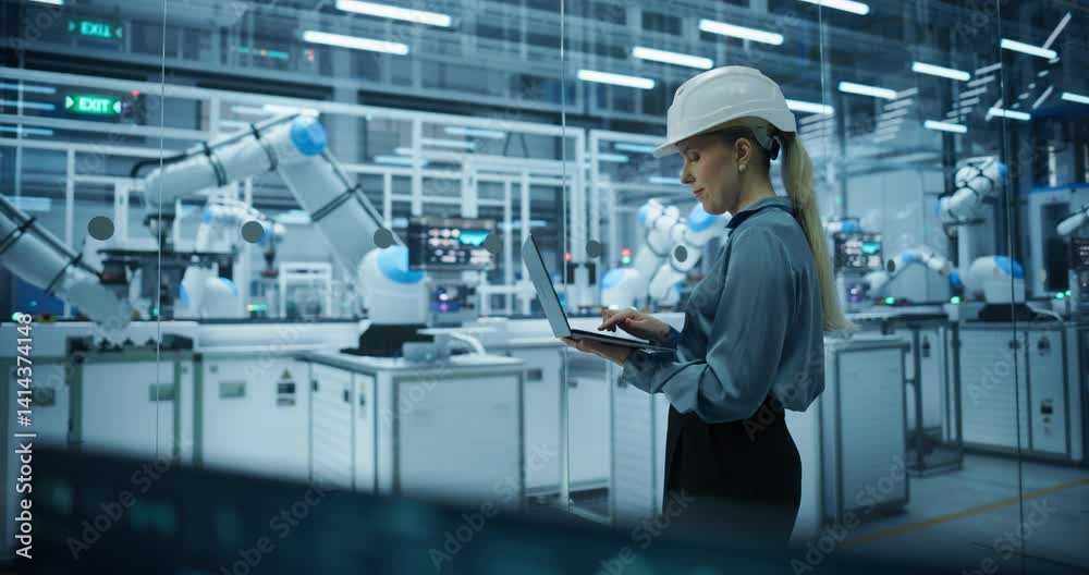 Poster portrait of a female engineer in a hard hat working in an industrial facility. industrial manager us