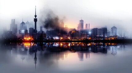 Obraz premium Post-disaster cityscape reflected in tranquil water; smoke rising, city lights reflecting