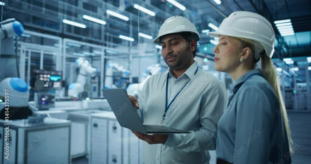 Poster Two Engineers, a South Asian Male and a Caucasian Female, Collaborate Using a Laptop Computer to Optimize Robotic Systems in a Modern Factory, Analyzing Productivity and Automation