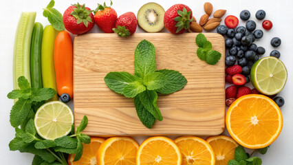 Fresh fruits and vegetables arranged beautifully around wooden cutting board, showcasing vibrant colors and healthy