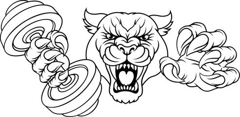 A panther, leopard or cougar wildcat cat jaguar weight lifting dumbbell gym sports mascot