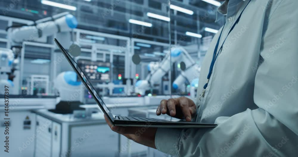 Poster Anonymous Engineer Working in an Industrial Facility, Using Laptop to Monitor Robotic Arms in a Futuristic Electronics Production Factory. Close Up Footage with Focus on Computer