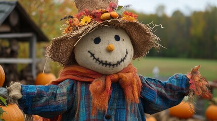 Festive Fall Fun: Adorable Scarecrow Display in a Pumpkin Patch Scene