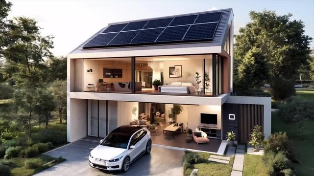 A cross-section of a modern house by bright sunlight. Green energy concept