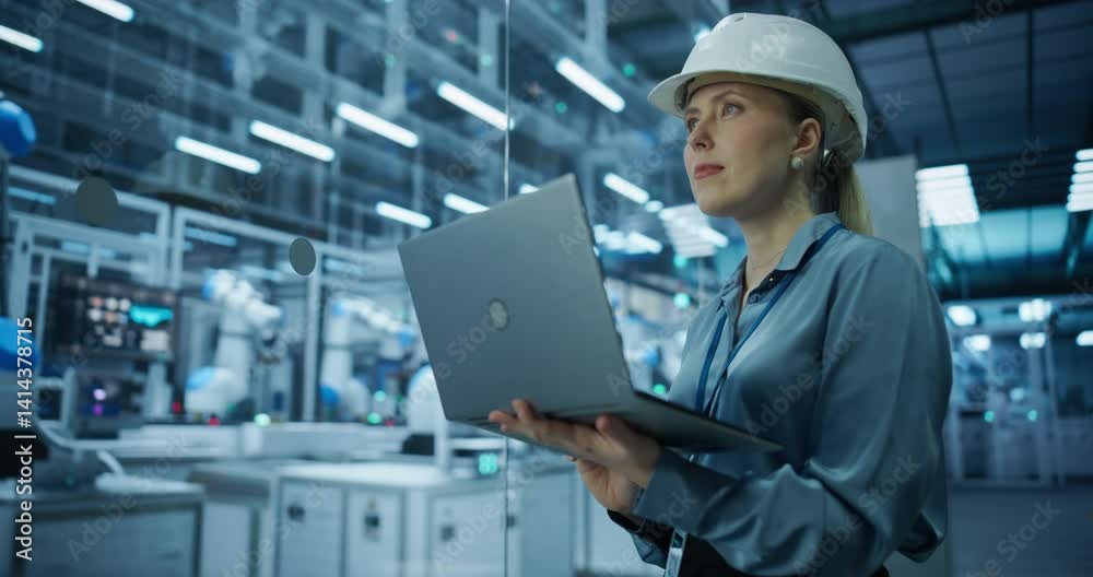 Poster Industrial Systems Administrator Working on Laptop Computer at a Modern Manufacturing Plant. Female Developer Programming the Work of the Robotic Arms, Monitoring Production on the Assembly Conveyor