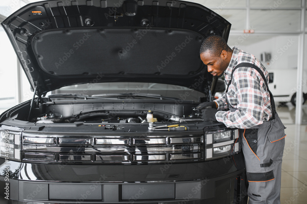 Aufkleber auto mechanic performing a routine service inspection in a service garage