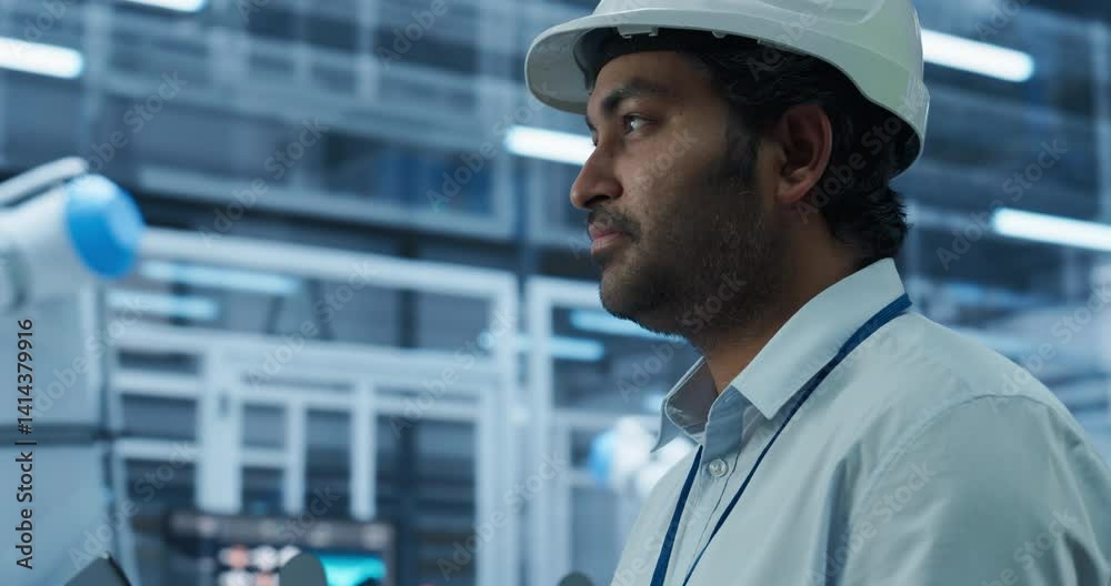 Poster Indian Electronics Factory Manager Working on Laptop at an Industrial Manufacture with Robotic Arms. Specialist Monitoring Data, Checking and Planning Production Process. Close Up Portrait