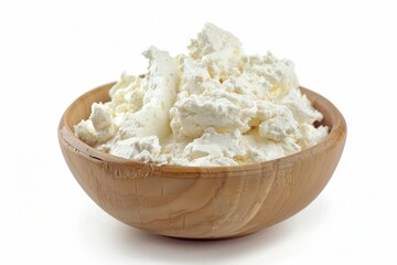 Creamy cottage cheese served in a rustic wooden bowl against a clean white background