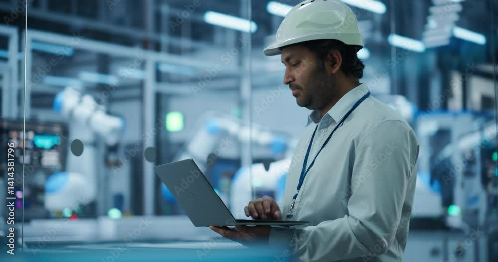 Poster Indian Male Engineer in a Hard Hat Using a Laptop Computer to Monitor Robotic Arms in an Advanced Industrial Factory. South Asian Specialist Overlooking Modern Automated Electronics Manufacturing