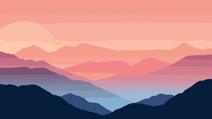 Fototapeta premium Sunset mountain landscape with silhouetted peaks in pastel hues flat vector illustration