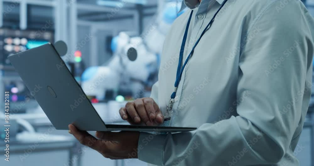 Poster Portrait of an Industrial Systems Administrator Working on Laptop Computer at a Modern Manufacturing Plant. Indian Software Developer Programming the Work of the Robotic Arms, Monitoring Production