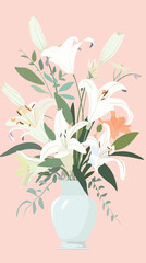 Elegant white lily bouquet in vase on soft pink background flat vector illustration