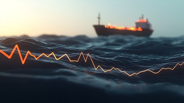 Ocean Waves and Chart Line Over Ship at Sunset, Symbolizing Data, Trade, and Maritime Industry Insights