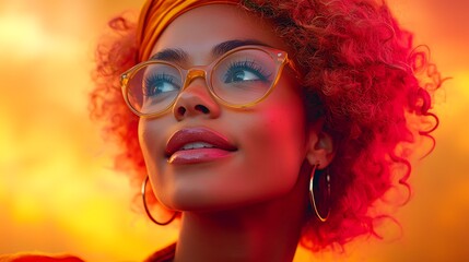 Obraz premium Stylish woman with vibrant, colorful hair and glasses. Smiling, looking upward