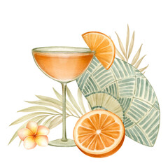 Tropical cocktail with orange slice in stemmed glass, orange, palm leaves, plumeria flower and wicker fan. Watercolor illustration hand drawn and isolated. Composition for postcards, summer design,