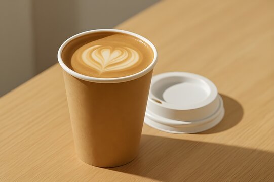 Caf&eacute; con leche para llevar en vaso de papel kraft con arte latte sobre mesa de cafeter&iacute;a luminosa