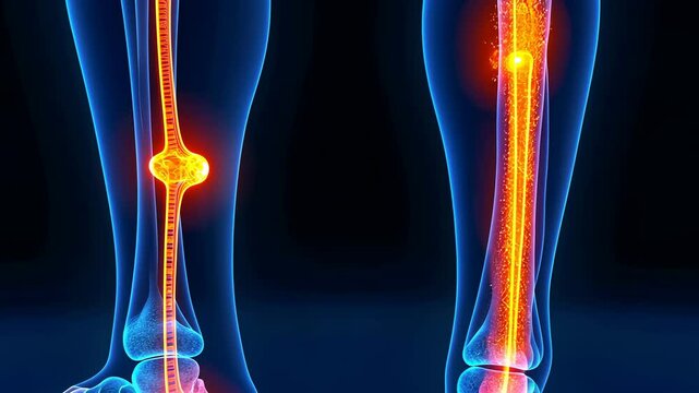 Femur, bone health, leg anatomy. Skeletal structure. Bones glow indicating pain. X-ray displays clear fractures. Efficient healing connects muscle tissue.
