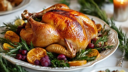 Frisch gebackenes ganzes H&auml;hnchen mit Honigsauce, Freshly baked whole chicken adorned with honey sauce.