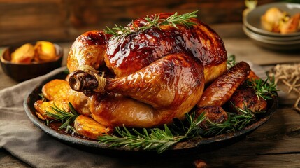 Frisch gebackenes ganzes H&auml;hnchen mit Honigsauce, Freshly baked whole chicken adorned with honey sauce.