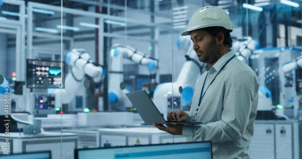 Poster portrait of a south asian engineer in a hard hat working in an industrial facility. indian industria
