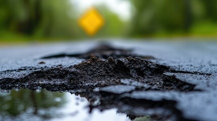 A thin layer of dirt on old asphalt is coarse dirt covering the old asphalt. 