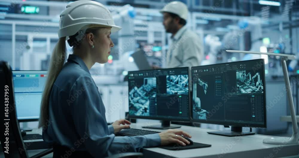 Fototapete Caucasian Female Technician Working Behind a Desk in a Modern Product Development Factory, Using Industrial Computer Software on Displays, Monitoring Electronics Production Line with Robotic Arms