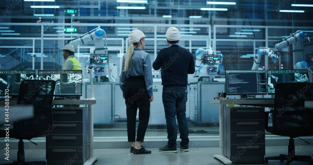 Poster Female and Male Industrial Engineers Having a Conversation at a Modern Tech Electronics Factory with Automated Robot Arms Working with the Help of Artificial Intelligence Software. Back View