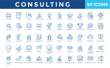 Consulting icons set with consulting, strategy, analysis, problem solving, solutions, expertise, guidance, advice, planning, evaluation icon. Simple outline color vector 
