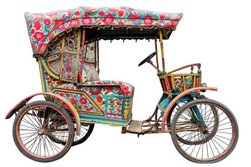 Vibrantly decorated rickshaw showcasing traditional artistry in a colorful urban environment isolated on transparent background