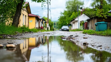 Obraz premium Asphalt in the village after rain â€“ small puddles on the asphalt in the village. 