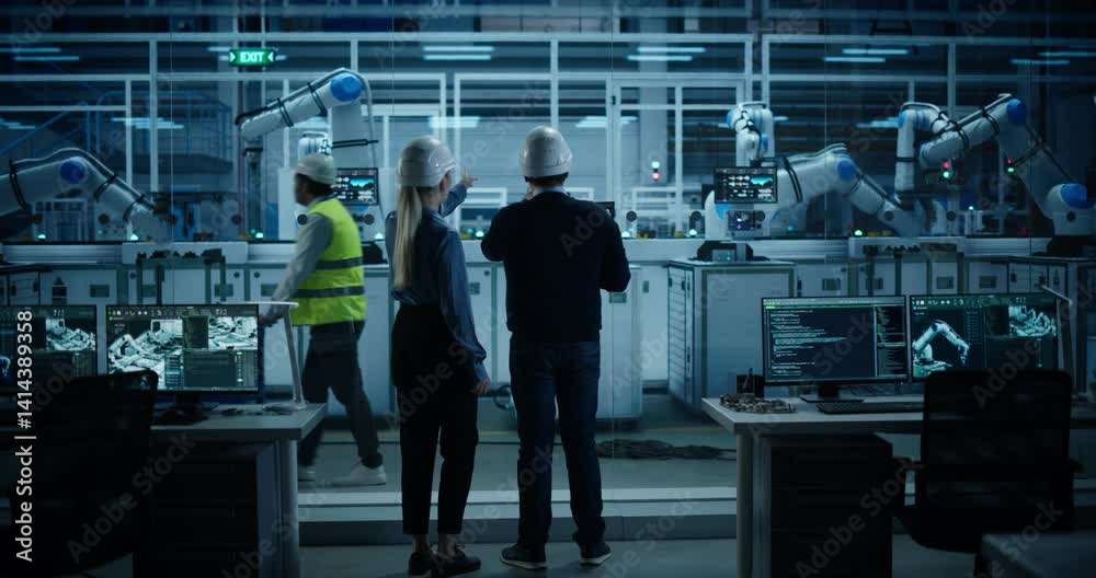 Poster Manufacturing Robot Administrators Coming In to Program Production Systems at an Electronics Factory. Back View Footage of a Male and Female Supervising Assembly with a Laptop Computer