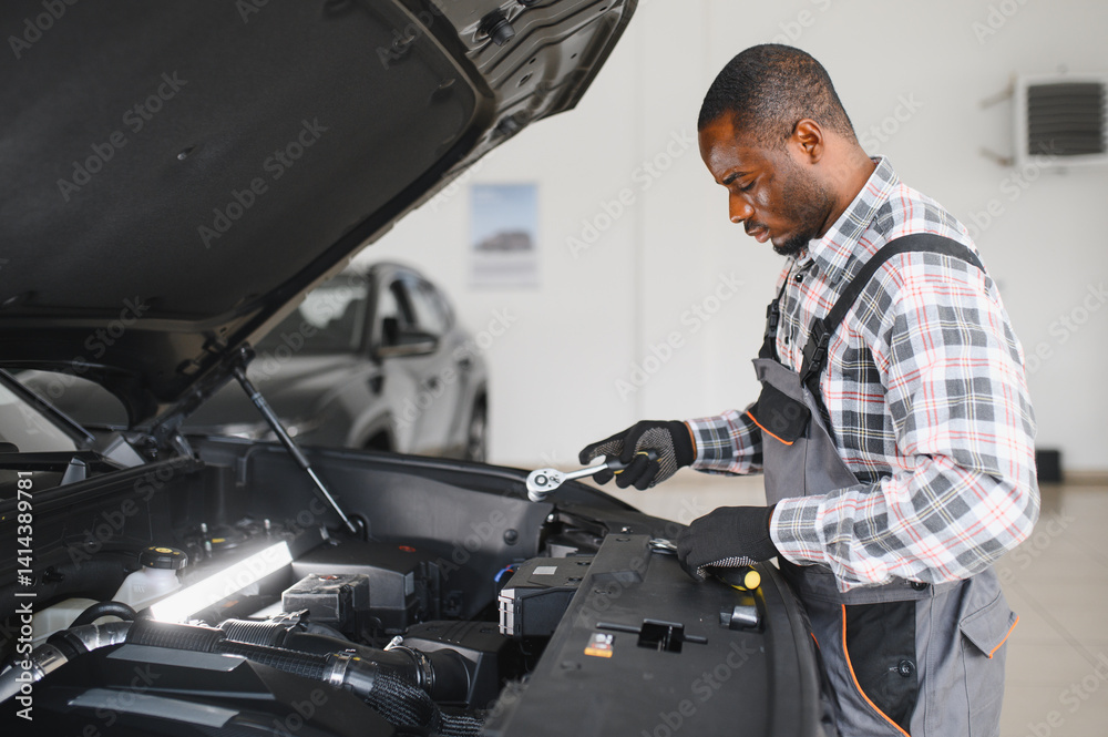 Poster portrait of smiling mechanic in car service ordering new parts for damaged vehicle using tablet. afr