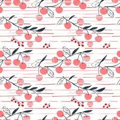 Whimsical Watercolor Cherry Pattern in Vintage Style, Featuring Soft Hues and Playful Sweet Fruit in Seamless Repeat