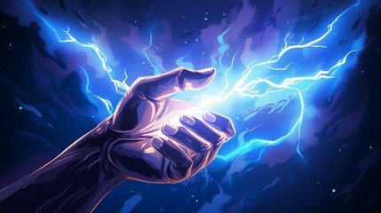 Hand holding up a lightning bolt. Energy and power. Stormy background