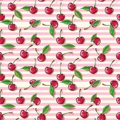 Whimsical Watercolor Cherry Pattern in Vintage Style, Featuring Soft Hues and Playful Sweet Fruit in Seamless Repeat
