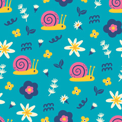 A vibrant and cheerful seamless pattern featuring whimsical snails, blooming flowers, and stylized foliage, perfect for adding a touch of joyful nature to any surface.
