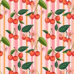Whimsical Watercolor Cherry Pattern in Vintage Style, Featuring Soft Hues and Playful Sweet Fruit in Seamless Repeat