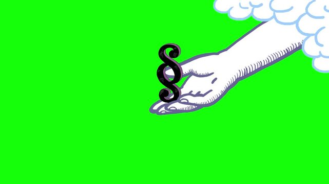 Paragraph and hand green screen background. Law and justice greenbox isolated. Do they come from God in the sky or from the human? Simple animation good as illustration in film material.