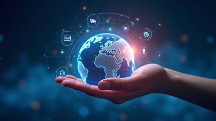 Hand holding glowing earth global connection image